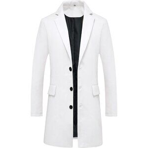 Men's White Classic Wool Blend Single-Breasted Mid-Length Trench Pea Overcoat